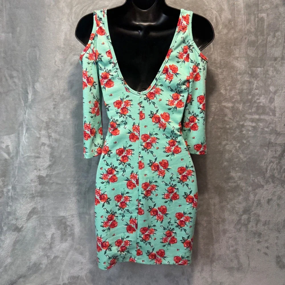 Charlotte Russe Womens Medium Mint Green Floral Cold Shoulder Bodycon Mini Dress